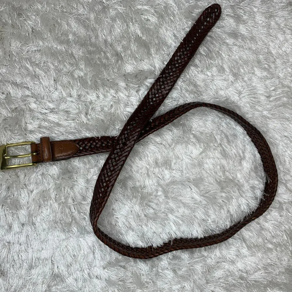 Dockers Leather Braided Belt Sz 46 Gold Brass Rectangle Buckle